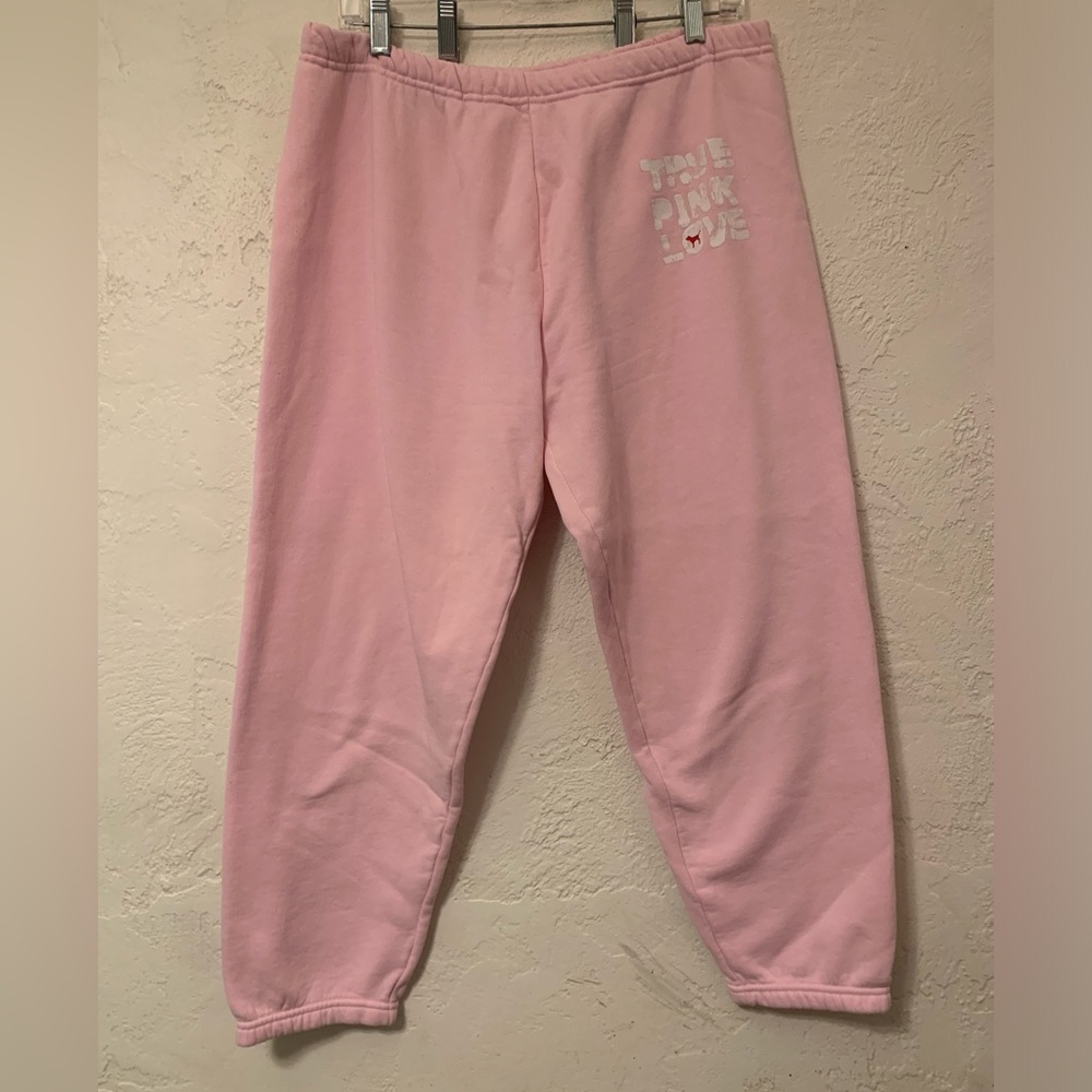 VTG Y2K VS PINK CROP SWEATPANTS SZ M SPELL OUT DRAWSTRING DOG MY FAVORITE COZY